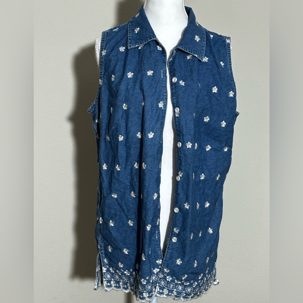 Denim&Co Blue Vest with White Embroidery